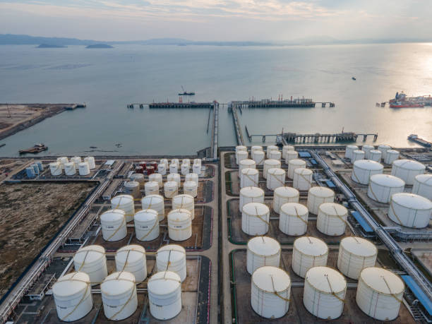 Aerial view of a petroleum energy chemical plant by the sea